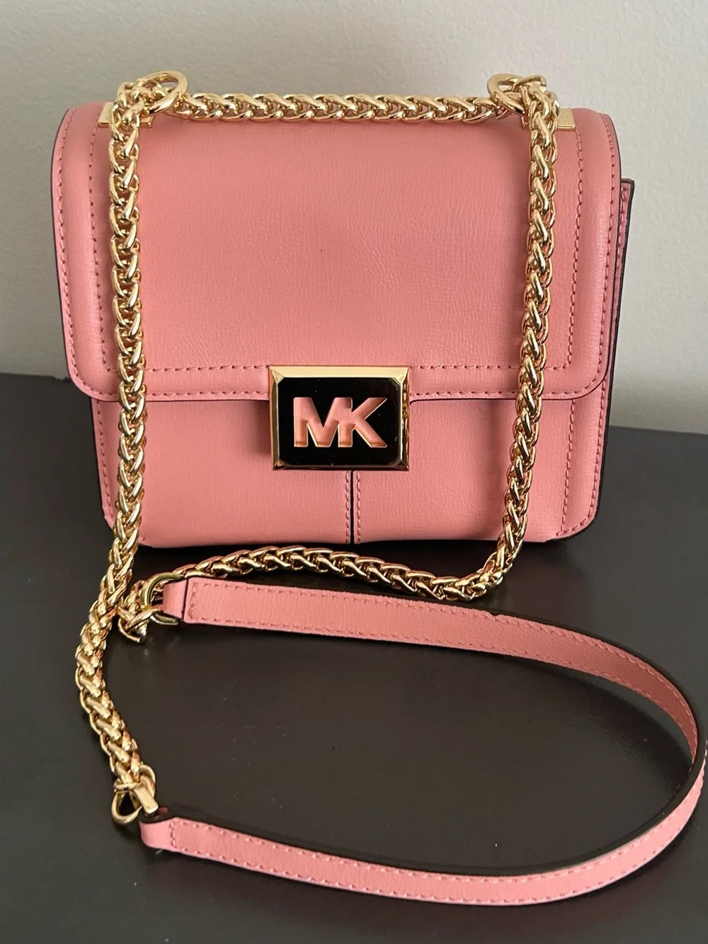 Michael Kors Pink Leather Chain Crossbody Shoulder Bag Gold MK Turn Lock purse